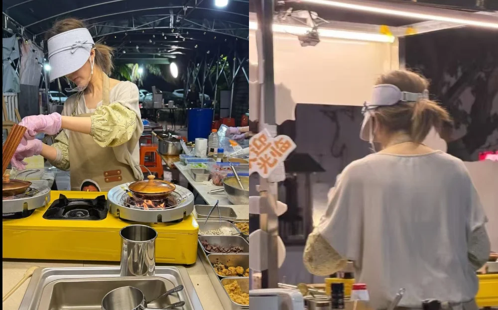 Chinese actress Zhao Lusi seen working at a night market in Hainan